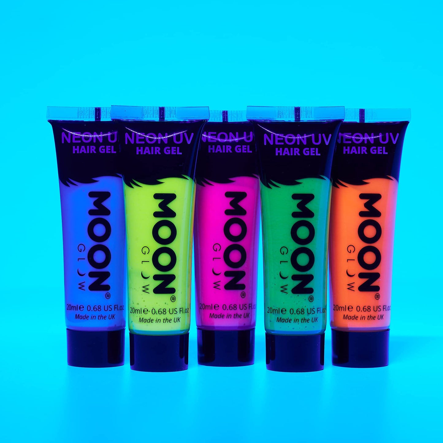 Moon Glow - Blacklight Neon UV Hair Gel - 0.67oz Set of 5 tubes - Temporary wash out hair color - Spike and Glow!