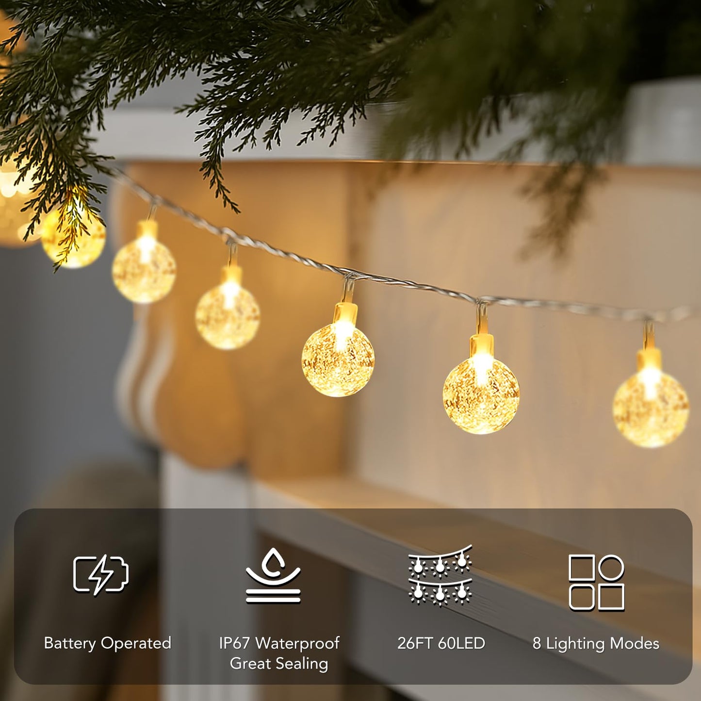 Metaku Globe String Lights, 26ft, 60 LEDs, Battery Operated, Warm White, Waterproof, Decorative for Home, Party, Garden, Wedding