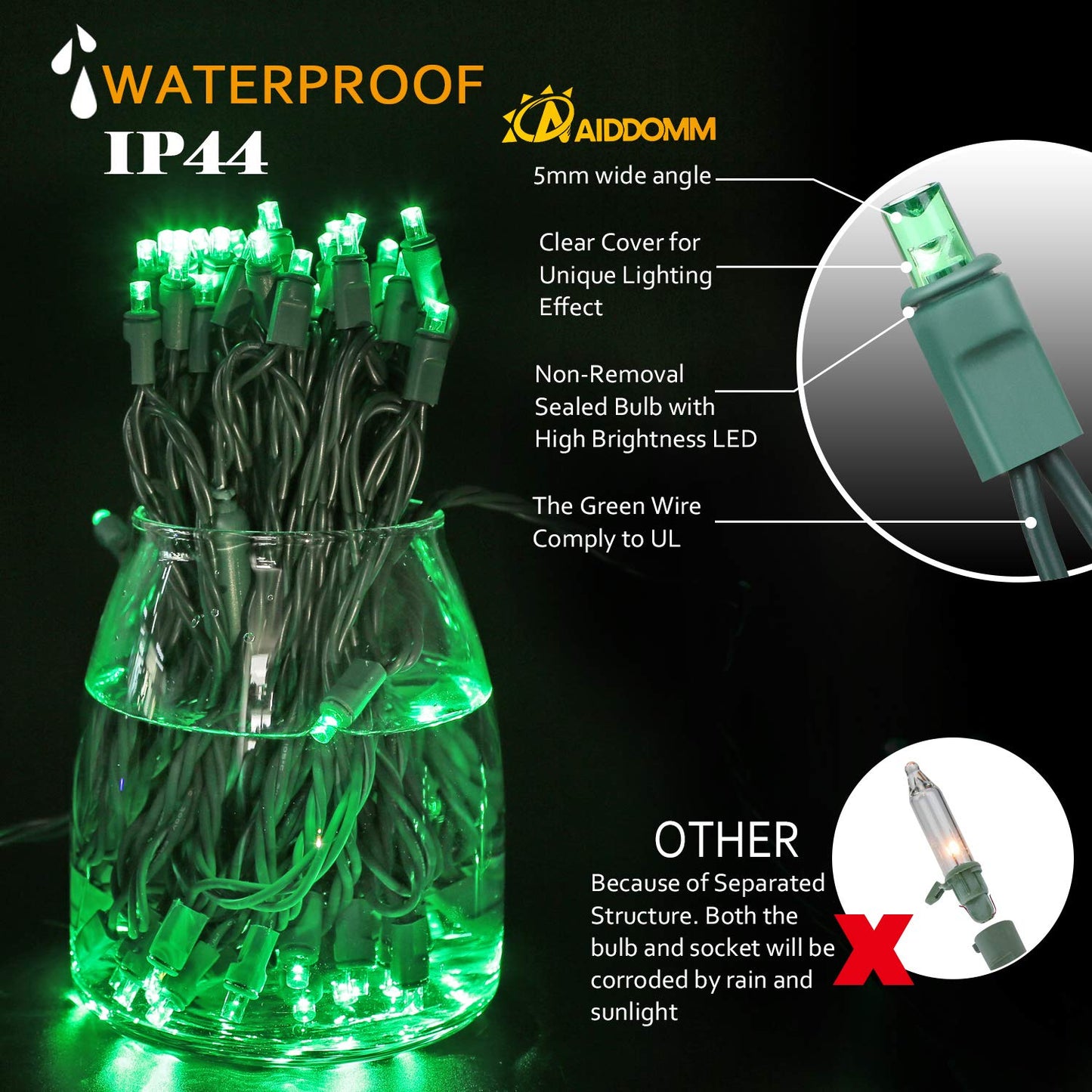 AIDDOMM Green LED Christmas Lights 50ft 100 Counts Waterproof Indoor/Outdoor Mini String Lights, Model REC5-35-3B
