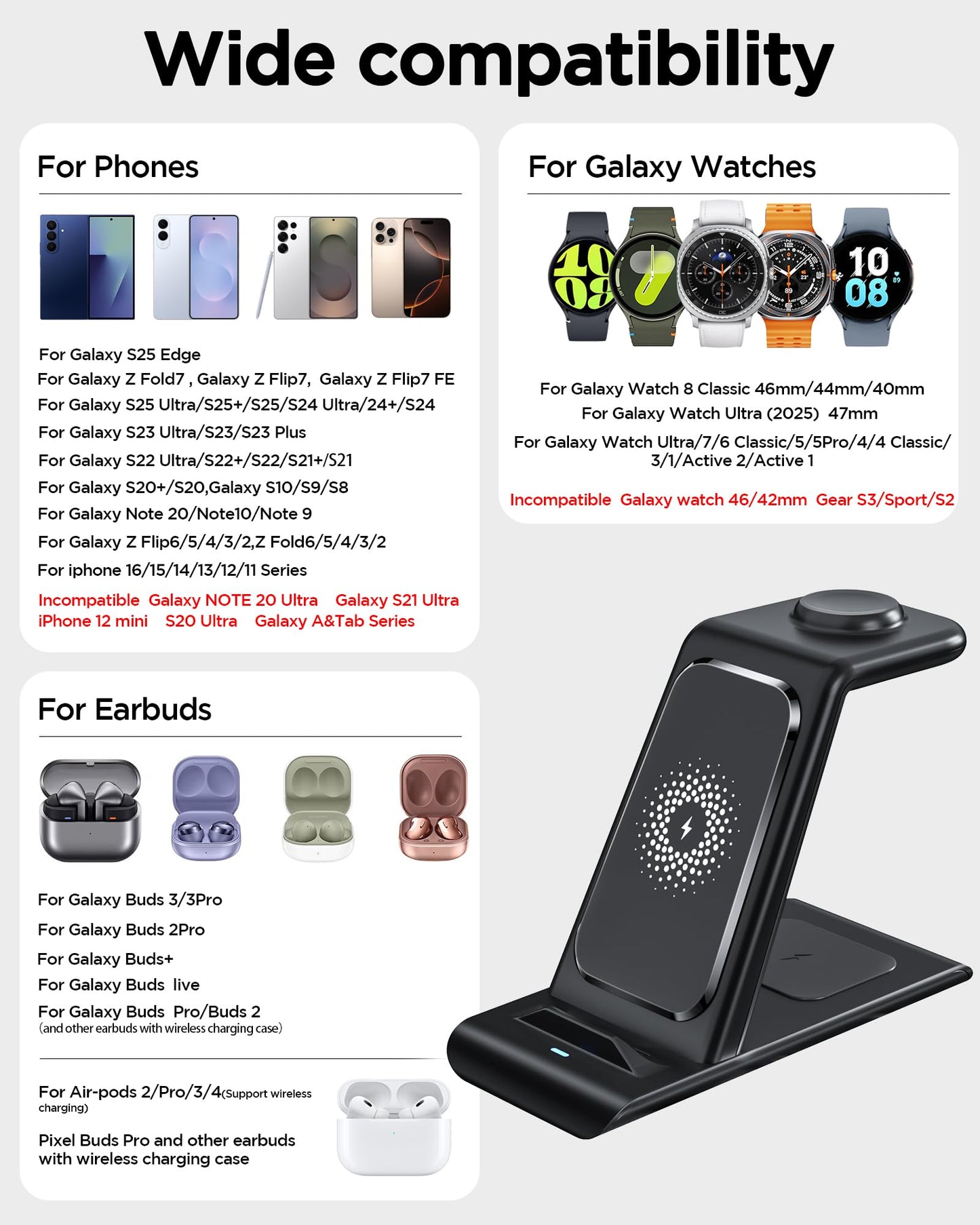 3 In 1 Wireless Charging Station For Samsung Wireless Charger For Galaxy Watch 8/7/6/5/Pro, Galaxy S25/Edge/Ultra/S25+/S24/S23/N