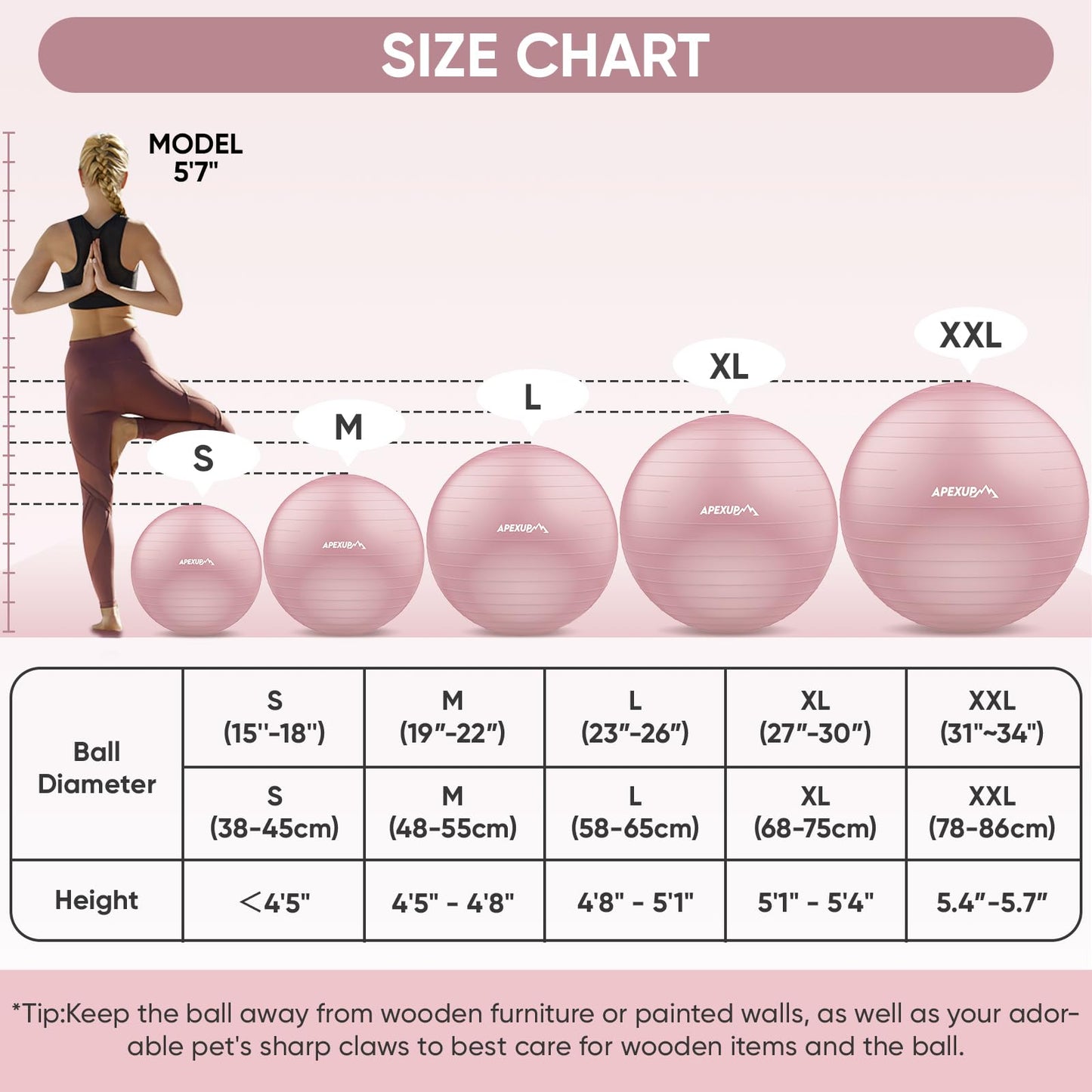 APEXUP Yoga Ball Exercise Ball, Anti Slip Stability Ball Chair, Heavy Duty Large Gym Ball for Fitness, Balance, Core Workout and Physical Therapy (S (15"~18") 45cm, Pink)