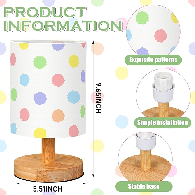 VIHOSE Polka Dot Kids Table Lamp for Bedroom Kids Bedside Lamp with Linen Wooden Nightstand Cartoon Nursery Lampshade for Girls Boys Living Room