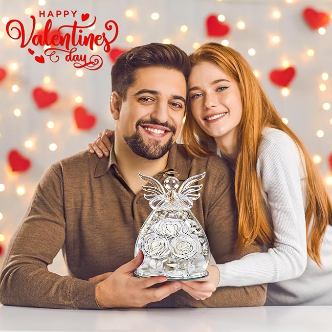 Beferr Valentines Day Rose Gifts for Her Women Mom Gifts for Birthday, Fresh Flowers for Delivery Forever Preserved Rose in Glass Angel Figurine, for Grandma Wife Daughter Girlfriend