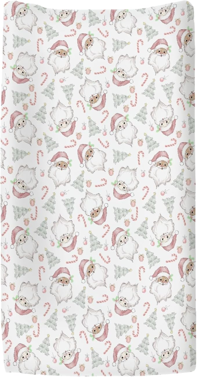 Pastel Santa Christmas Trees Baby Changing Pad Covers for Boys Girls Pink Santa Claus Candy Fitted Changing Table Cover Mats Winter Holiday Festive Soft Diaper Change Table Cover Sheets 32''×16''