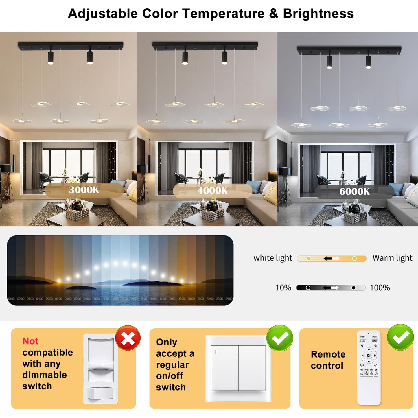 Siittoo Modern Chandeliers For Dining Room  40In Dimmable Led Pendant Lights Kitchen Island With Remote Control  Adjustable Height Kitchen Island Lighting Fixture With Spotlights(34W  6-Light)