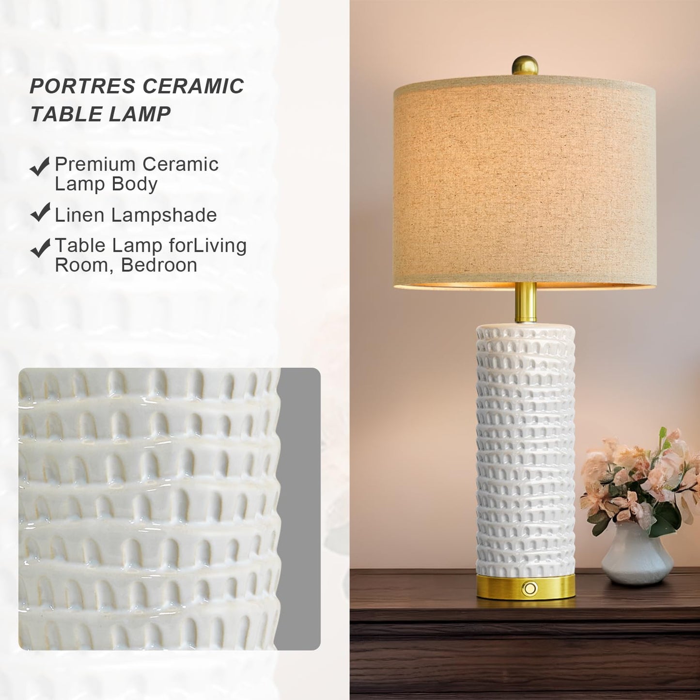 PORTRES Modern Ceramic Table Lamp Set of 2, 3-Way Dimmable, USB Charging Ports, Large, White and Gold