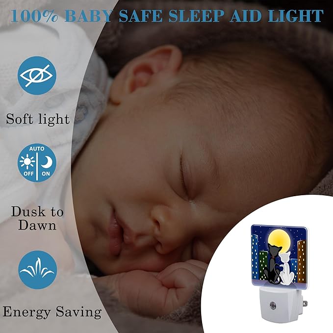Night Light for Kids Girls Boys, Romantic Couple Cats Under Moon LED Night Light Plug into Wall with Dusk to Dawn Sensor for Room Decor, Hallway, Kitchen, Bathroom, Nursery, Stairs