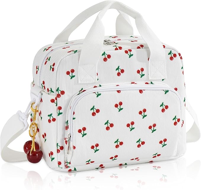 Large Lunch Bag for Women Insulated Cherry Lunch Box Reusable Cooler Bag Portable Cute Corduroy Leakproof Tote Bags for Travel, Work, and Picnic with Key Chain