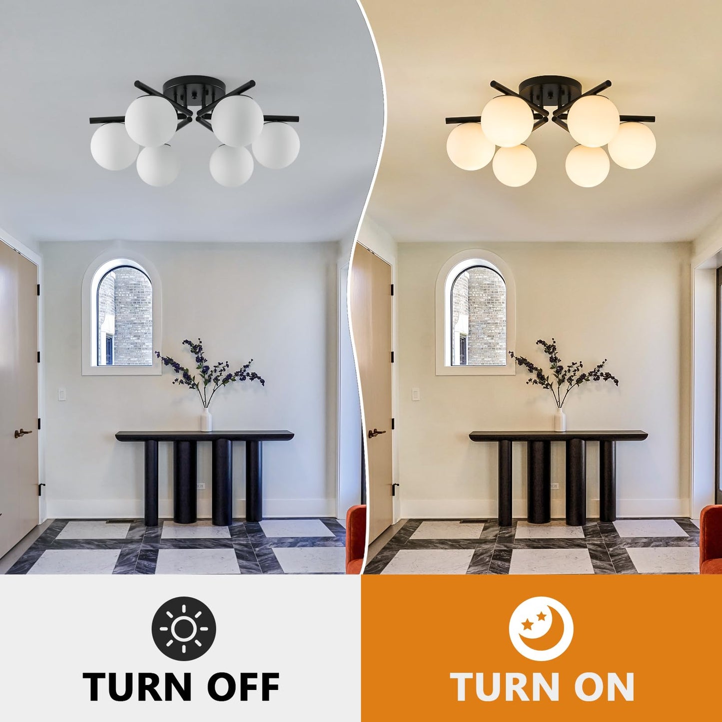 Bsyormak Sputnik Semi Flush Mount Ceiling Light, 6 Globe Lights Sputnik Ceiling Light Fixture, Milk Glass Globe Chandelier for Dining Room, Black Mid Century Modern Chandelier for Living Room, Hallway