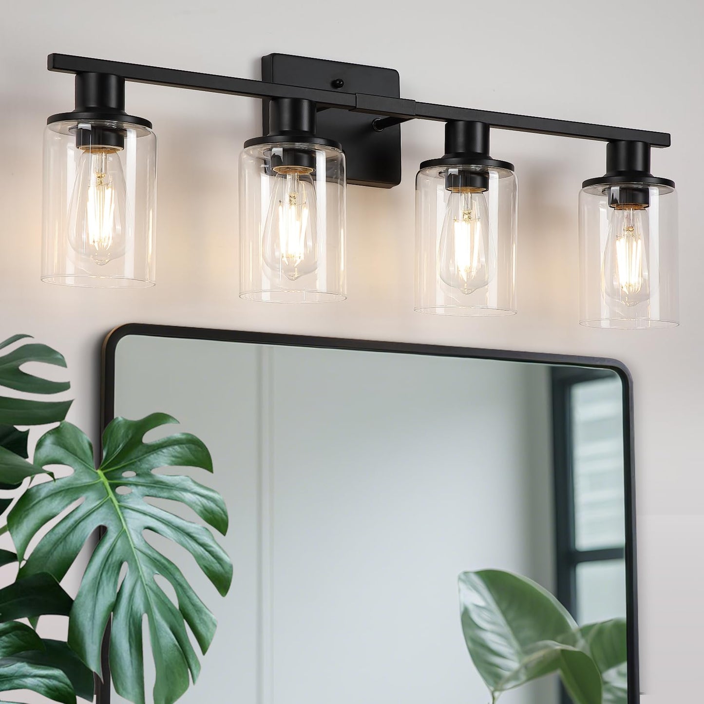 Litaddscen Matte Black Bathroom Light Fixtures Over Mirror 4-Light Bathroom Vanity Light With Clear Glass Shade Modern Farmhouse Wall Sconces Lighting For Mirror Kitchen Living Room Cabinet