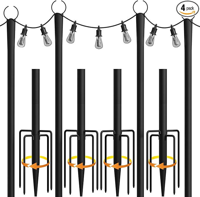 fuzzy-bird 4 Pack String Light Poles, 10Ft Light Poles for Outside, Metal Poles with Fork, Lighting Hanging Post Accessori...