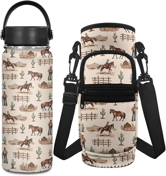 Cowboys Stainless Steel Water Bottle for Girls 2 Pcs Water Bottle Holder Carrier Sling Water Bottle Pouch Sleeve Vacuum Bottle Set