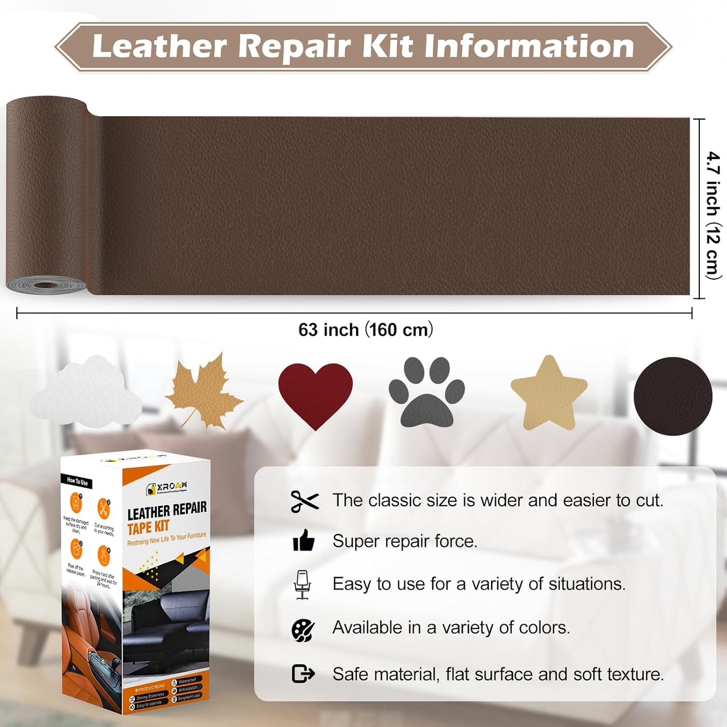 Leather Repair Tape, 4.7x63 inch Leather Patches for Furniture, Self Adhesive Leather Repair Patch for Sofas, Couches, Leather Covers, Seats, Chairs, Vinyl Repair Tape Light Gray