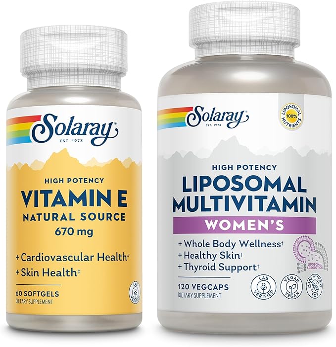 SOLARAY Vitamin E 1000 IU and Women’s Liposomal Multivitamin Bundle - d Alpha Tocopheral and Enhanced Absorption, High Potency Multivitamin for Women Iron - Skin, Heart, Bone Support - 60 Servings