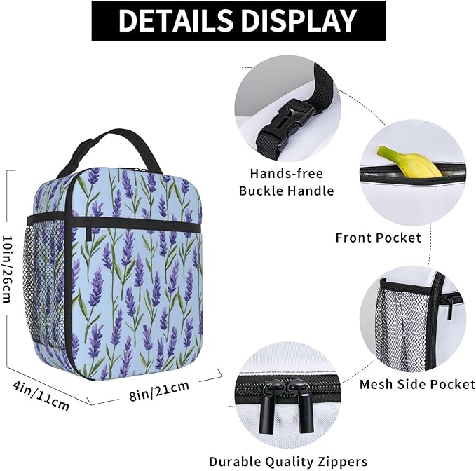 Elegant Lavender Lunch Box for Adults,Men,Women,Purple Floral Design Insulated Lunchbox,Leakproof Tote Bag,Reusable Cooler Bags for Work,Picnic,Office,Travel,Practical Lunchbag Gifts