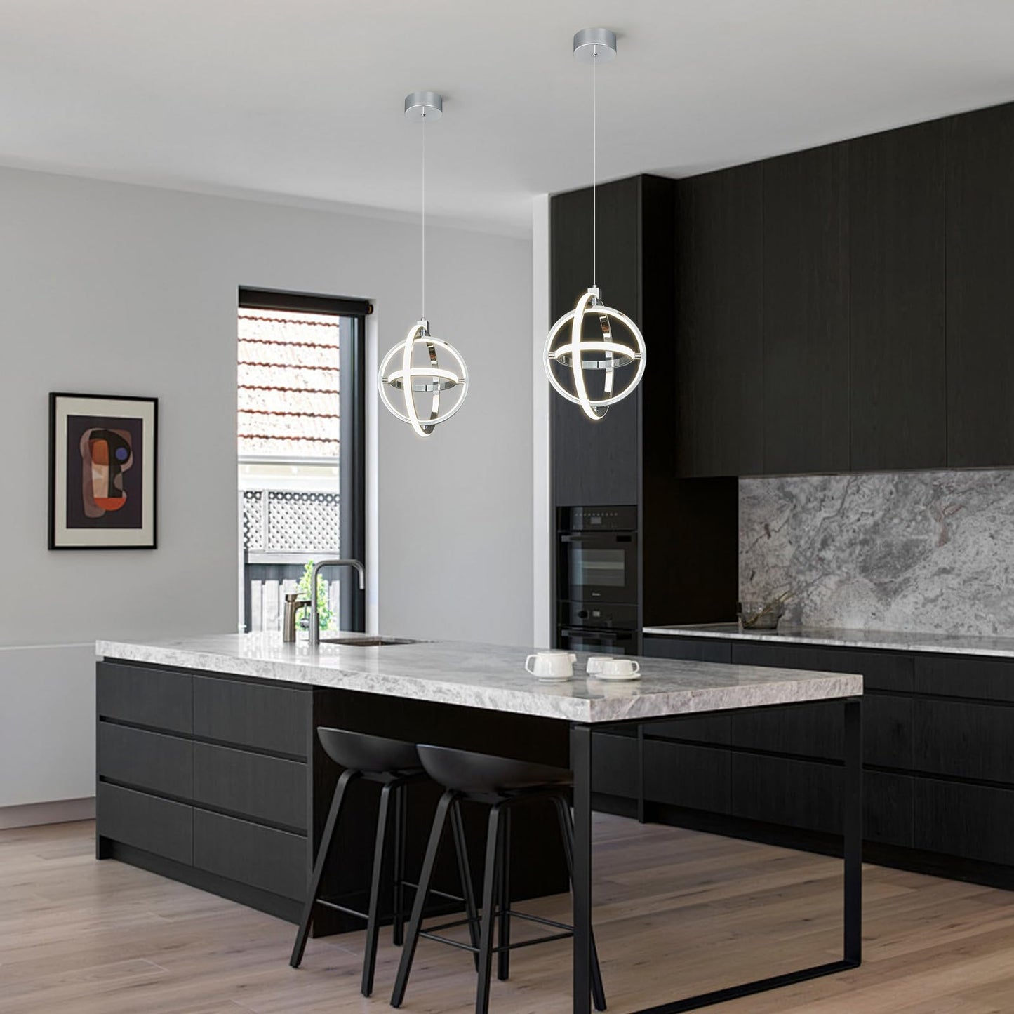 Bnhhlz Modern Led Pendant Light Chrome Pendant Lights 4000K Dimmable External Glow Height Adjustable Pendant Lighting For Kitchen Island Dining Room Bedroom Living Room Foyer(3-Ring)