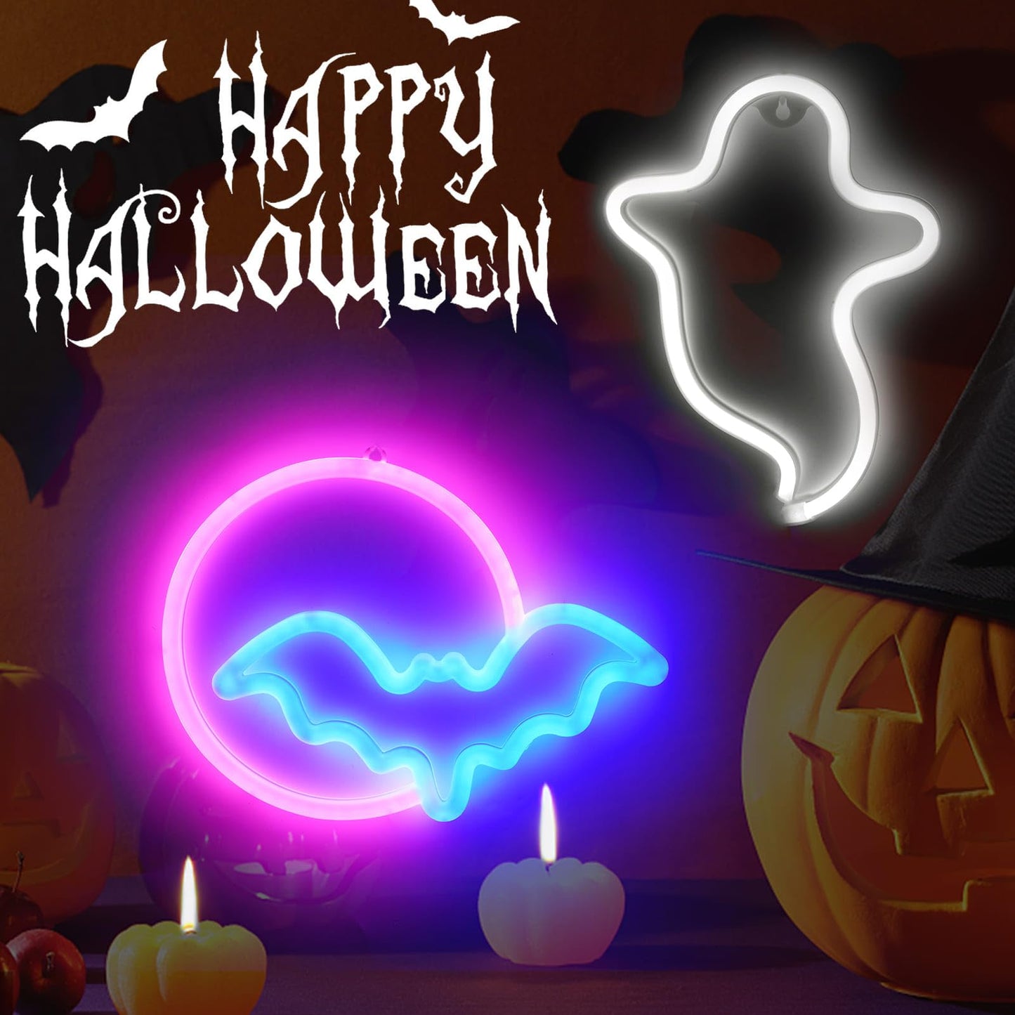 Brightdeck 2 Pack Halloween Neon Signs  White Ghost  Blue Bat Full Moon Neon Lights Decorations  Usb/Battery Powered Led Neon Sign For Halloween Wall Decor  Bedroom  Kids Gift  Bar  Party(Full Moon)