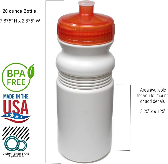 Rolling Sands 20 Ounce Sports Water Bottles 6 Pack, BPA-Free, Made In USA, Dishwasher Safe, White Bottles/Orange