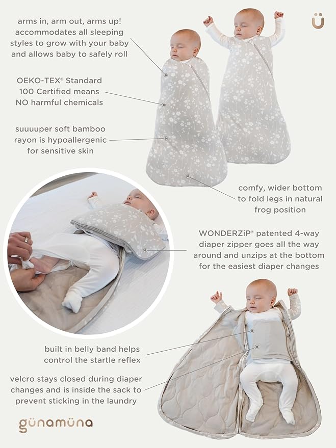 GUNAMUNA Swaddle Wrap for Newborns – Arms In or Out, Easy Diaper Changes with WONDERZiP, Soft Sleep Sack, 1.0 TOG