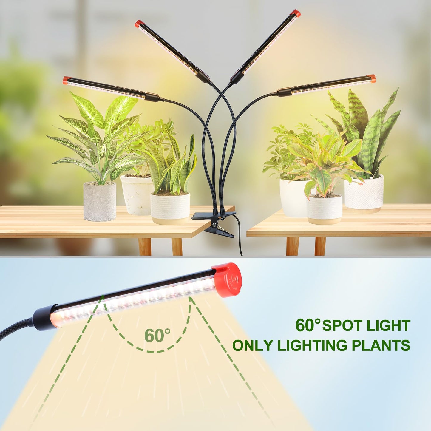 4-Head Strong Clip Grow Lights For Indoor Plants  Seed Starting  Bonsai  Succulent  Cactus With Timer  36 Watt Power Home Plug  Enough High-Intensity Like Sun  Best Gift For Plants Lover
