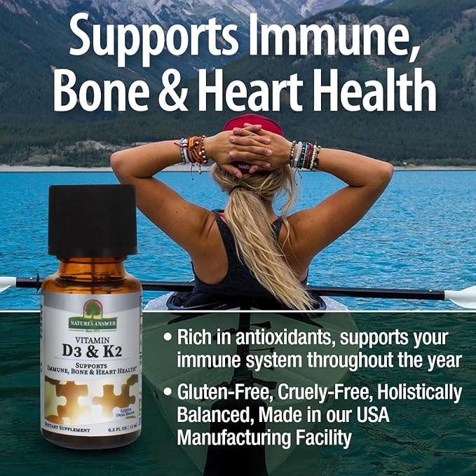 Nature's Answer Vitamin D3 and K2 Liquid Extract Oral Drops Two in one Support Supports Immune, Bone and Heart Health 0.5 fl oz - 15 ml