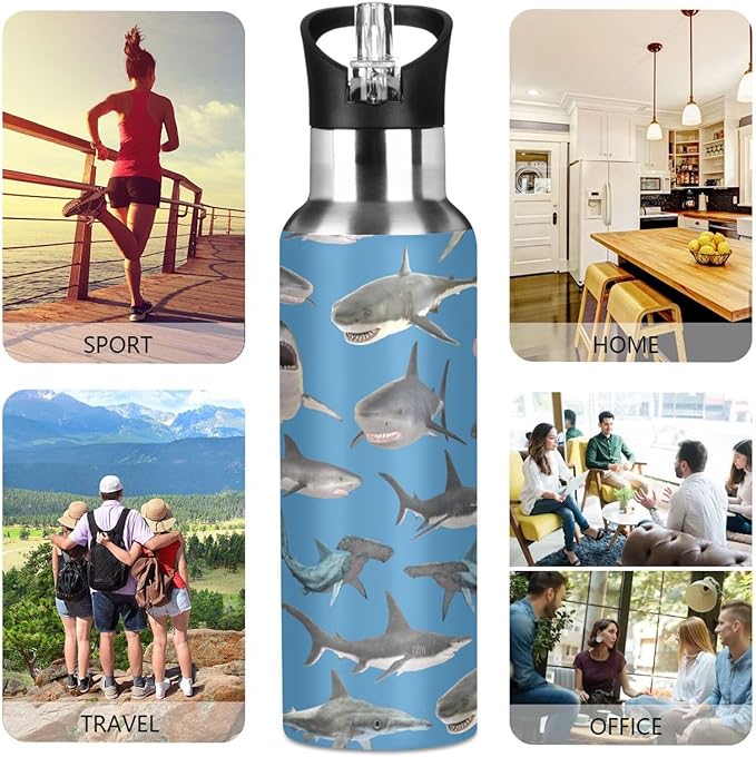 Stainless Steel Water Bottle with Straw Lid - 20 Oz Sports Insulated Water Bottle Thermos for Sport Gym Outdoor Travel School (shark hammerhead shark)