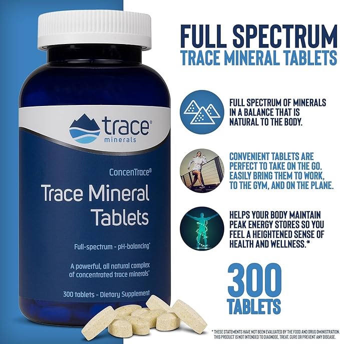 Trace Minerals ConcenTrace Trace Mineral Tablets - Supplement for Bone & Joint Support - Aids Hydration & Electrolyte Restoration - 300 Tablets (100 Servings)