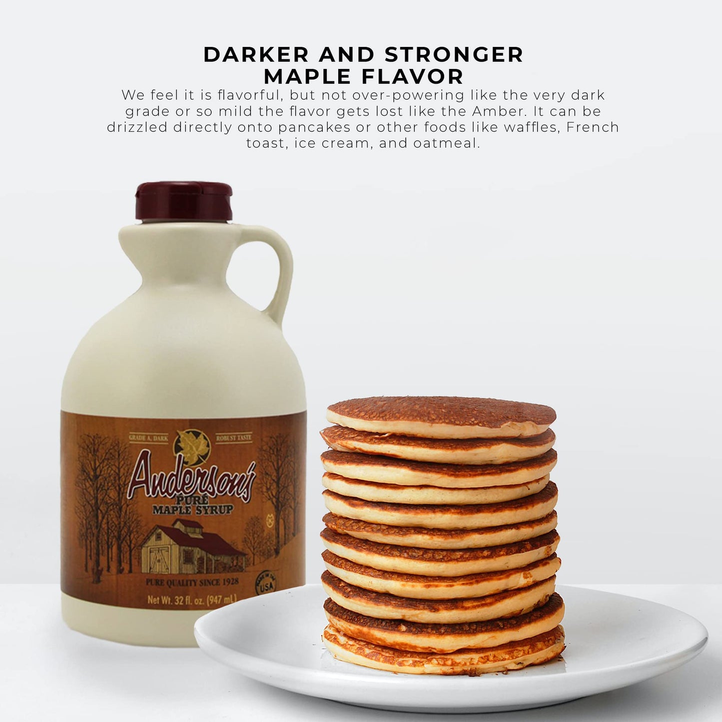Anderson's Maple Syrup Dark Pure Maple Syrup in a 32 oz. plastic Jug, brown