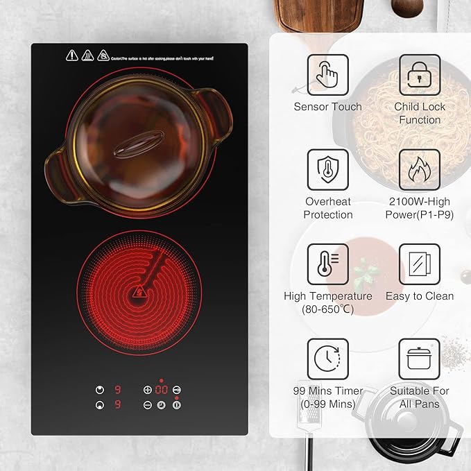Electric Cooktop 2 Burners, 12 Inch Built-in Ceramic Stove Top with Timer, Child Lock, 110V Induction Cooktop for Kitchen, Apartment, RV, Dorm