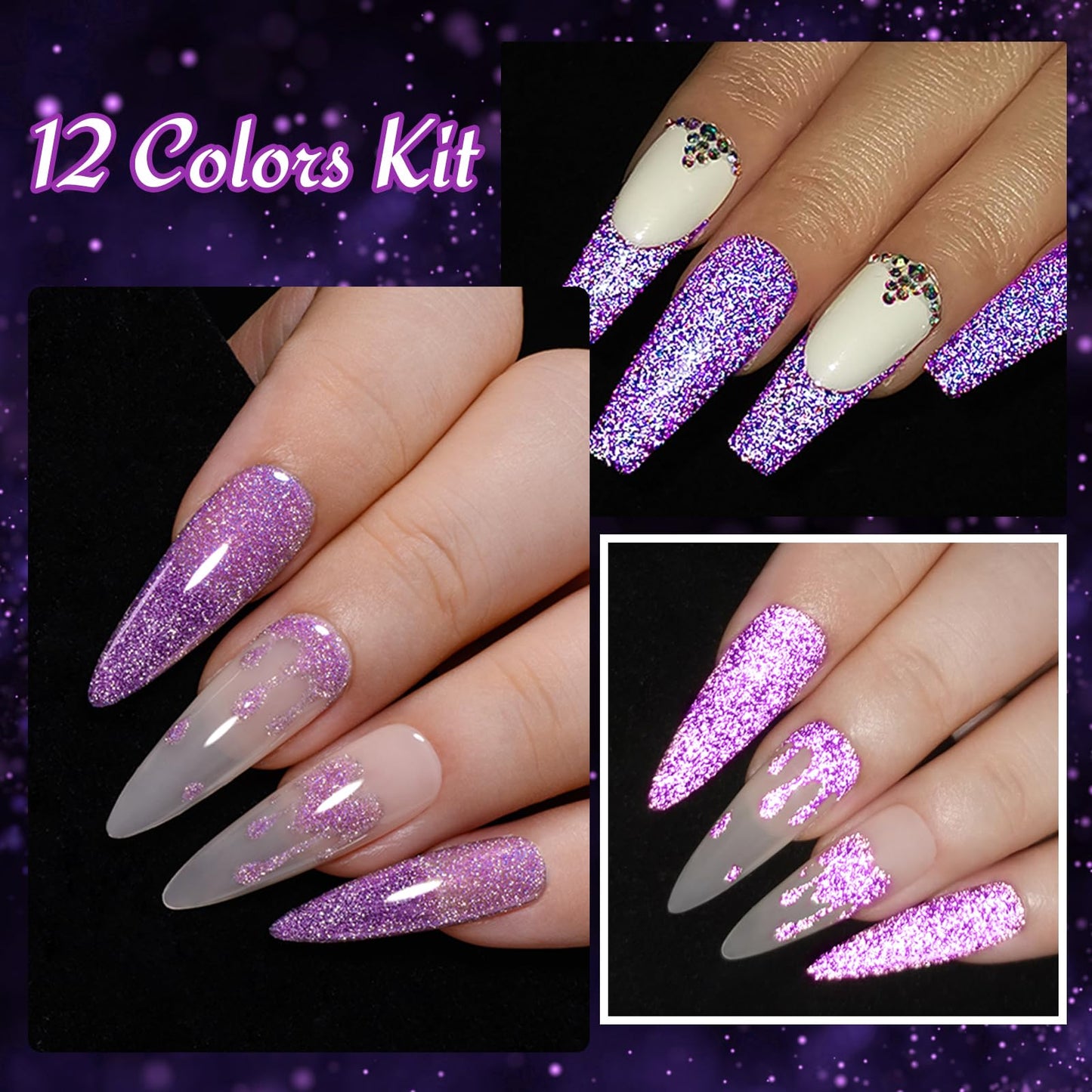MTSSII Purple Reflective Gel Nail Polish Set, 12 Colors Lavender Violet Sparkly Gel Polish Diamond Shiny Glitter Soak Off Led Na