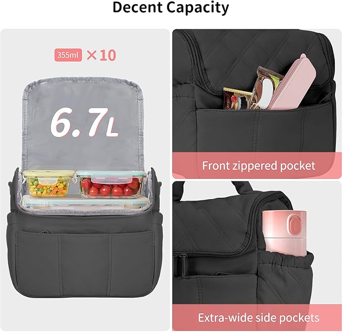 Insulated Lunch Bags, Cute Quilted Lunch Box for Women, Lightweight Puffy Padded Waterproof Lunch Tote, Reusable Lunch Cooler for Work Picnic Travel