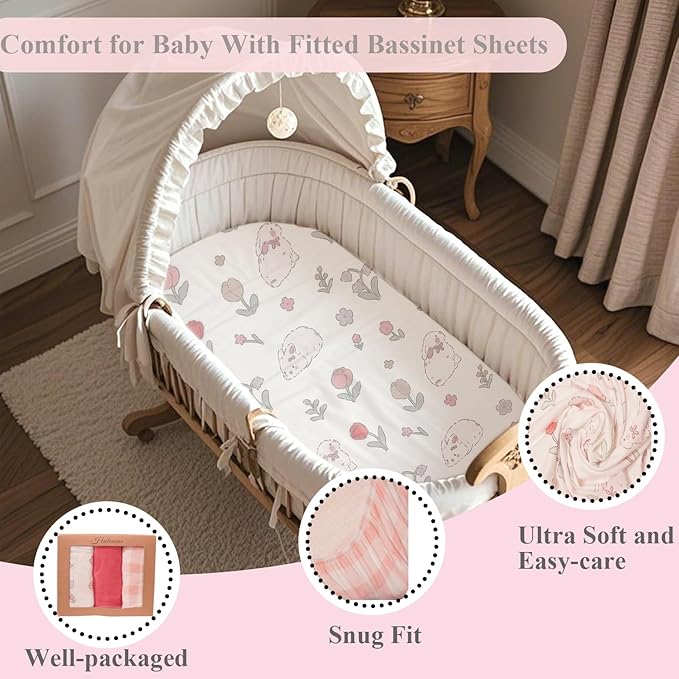 100% Jersey Cotton Bassinet Sheets 20" x 33" Fits Koolababy/Koolerthings, BCOL, BabyBond, Jimglo 3 in 1, and Cowiewie Baby Bassinet, Super Soft and Breathable Fitted Sheets, 3 Pack, Pink