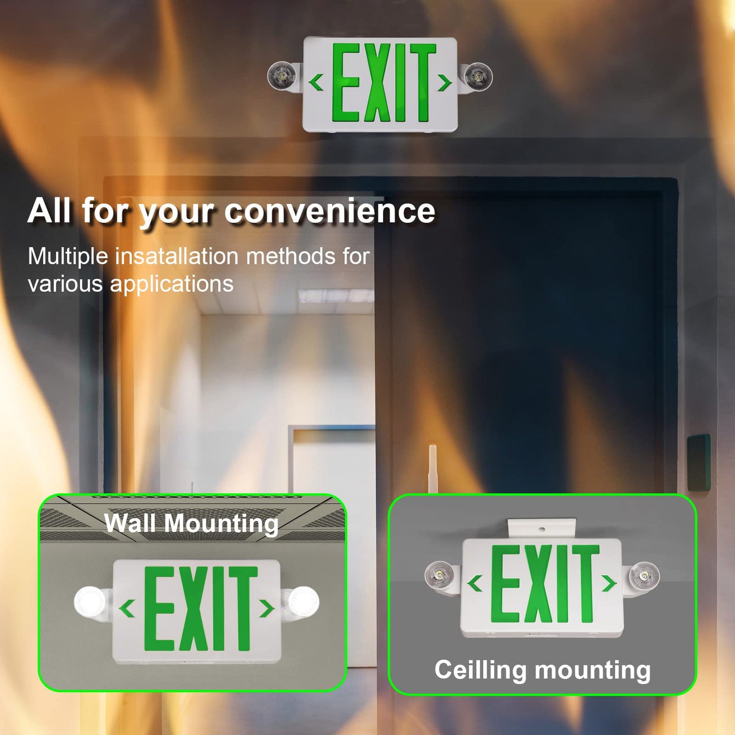 Tanlux Led Emergency Exit Sign With Battery Backup, Ul Listed, 2 Pack, White Housing + Green Letter, Ac 120/277V