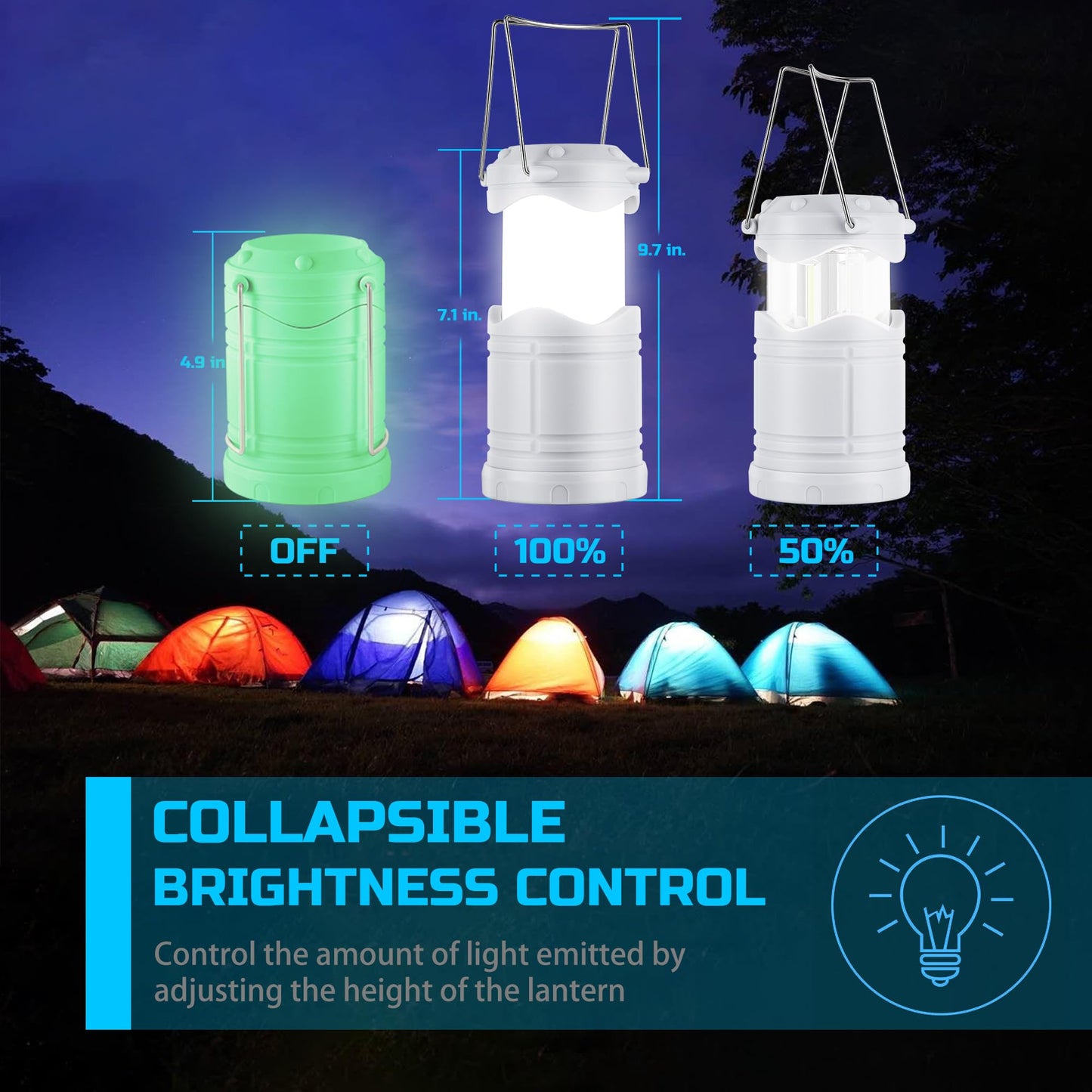 Lichamp LED Camping Lantern, 4 Pack, Portable, Battery Powered, Collapsible, Model B4C2, Blue/White/Red