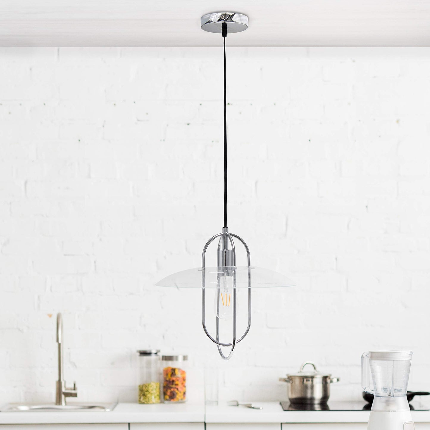 Simple Designs PT1008-CHR Modern Pendant Light, 1 Light, Chrome, Iron