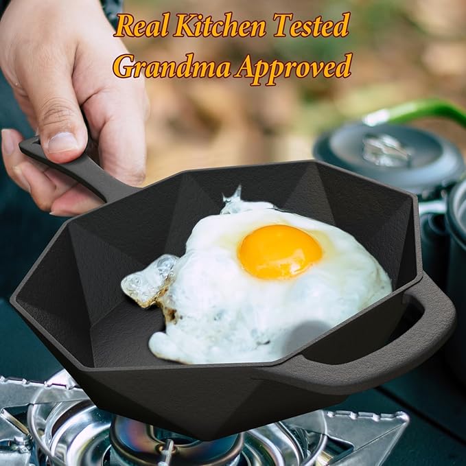 Cast Iron Skillet with Lid, Mini Cast Iron Smoker Skillets & Egg Pan with Assist Handle & 16-Facet Edge, 6.5 Inch Octagonal Design Frying Pan for Searing, Baking, Grilling, Roasting (Skillet-1)