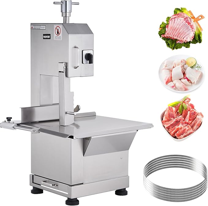 VEVOR Commercial Electric Meat Bandsaw, 2200W Stainless Steel Countertop Bone Sawing Machine, Workbeach 18.5" x 20.9", 0-7.1 Inch Cutting Thickness, Frozen Meat Cutter with 6 Blades for Rib Pork Beef