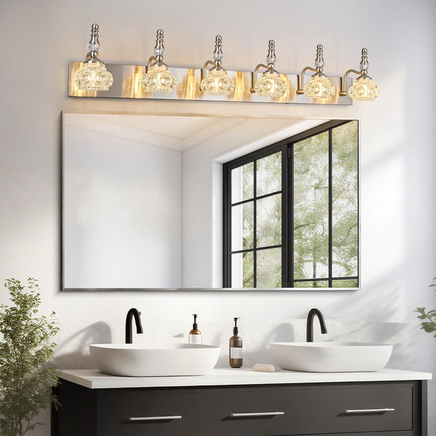 Lbsqj Modern Glass Crystal Vanity Light - Vintage Bathroom Lighting Fixtures Over Mirror  6 Light Vanity Lights G9 Bulb (43.3 Inch  Nickel)