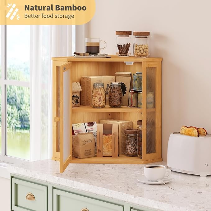 Corner Bread Box for Kitchen Countertop,Bread Storage for Homemade Bread, Double Layer Large Bamboo Kitchen Storage Bin with Window (Natural, Large)
