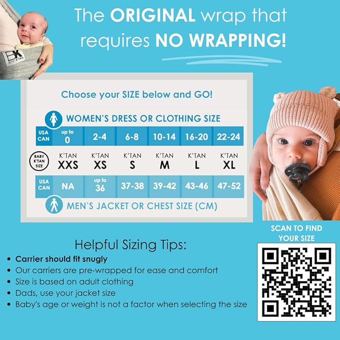 Breeze Baby K'tan Baby Carrier, #1 Easy Pre-Wrapped Baby Sling Gift | Breathable 100% Cotton Mesh | Hands Free Wrap for Infants | No Rings Or Buckles | Newborn to Toddler up to 35lb, X-Large (22-24)