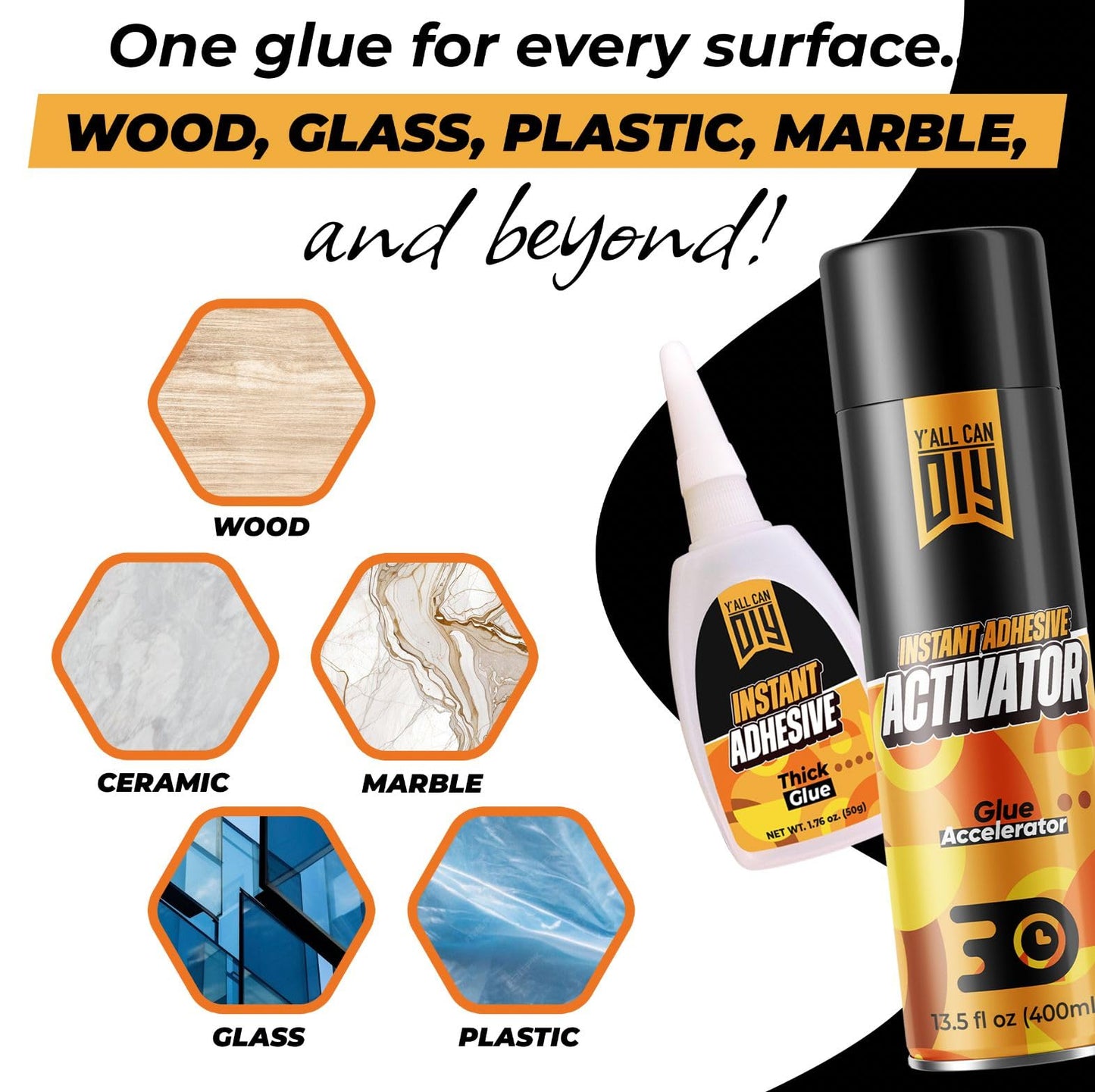 CA Glue with Activator (2 x 1.76 oz. + 2 x 6.76 fl oz.) - Industrial-Grade Cyanoacrylate Adhesive and Super Glue Accelerator for Woodworking, Crafts, DIY, and Repairs, Instant Glue Bond