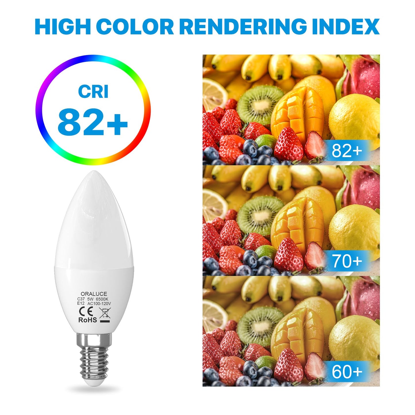ORALUCE E12 LED Candelabra Light Bulbs, 5W 450LM, 6500K Cool White, Non-dimmable, 6 Count, Plastic