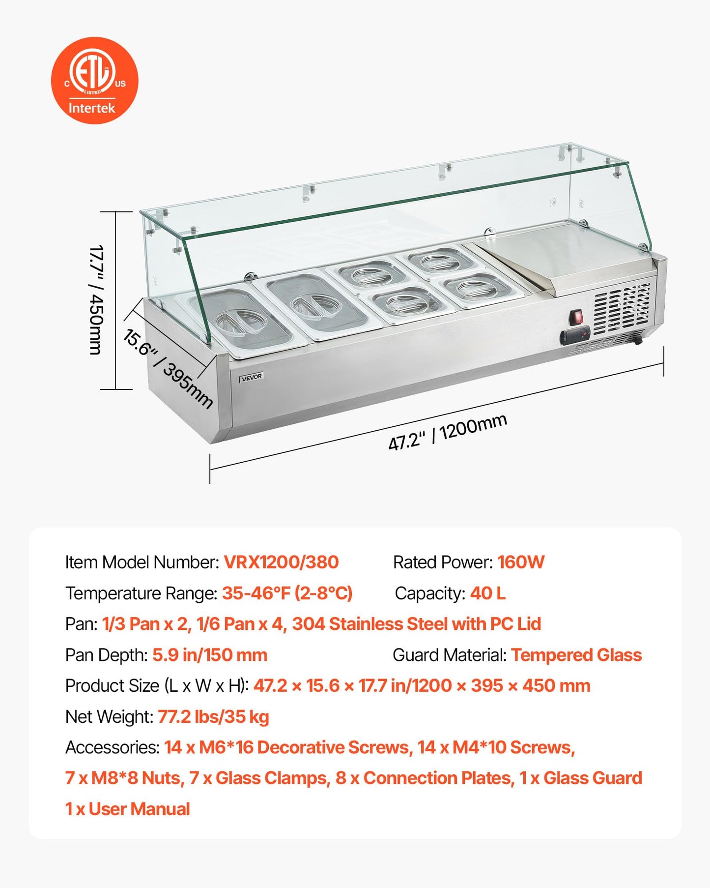 VEVOR Refrigerated Condiment Prep Station, 130 W Countertop Refrigerated Condiment Station, with Two 1/3 Pans & Four 1/6 Pans, 304 Stainless Body and PC Lid, Sandwich Prep Table with Glass Guard