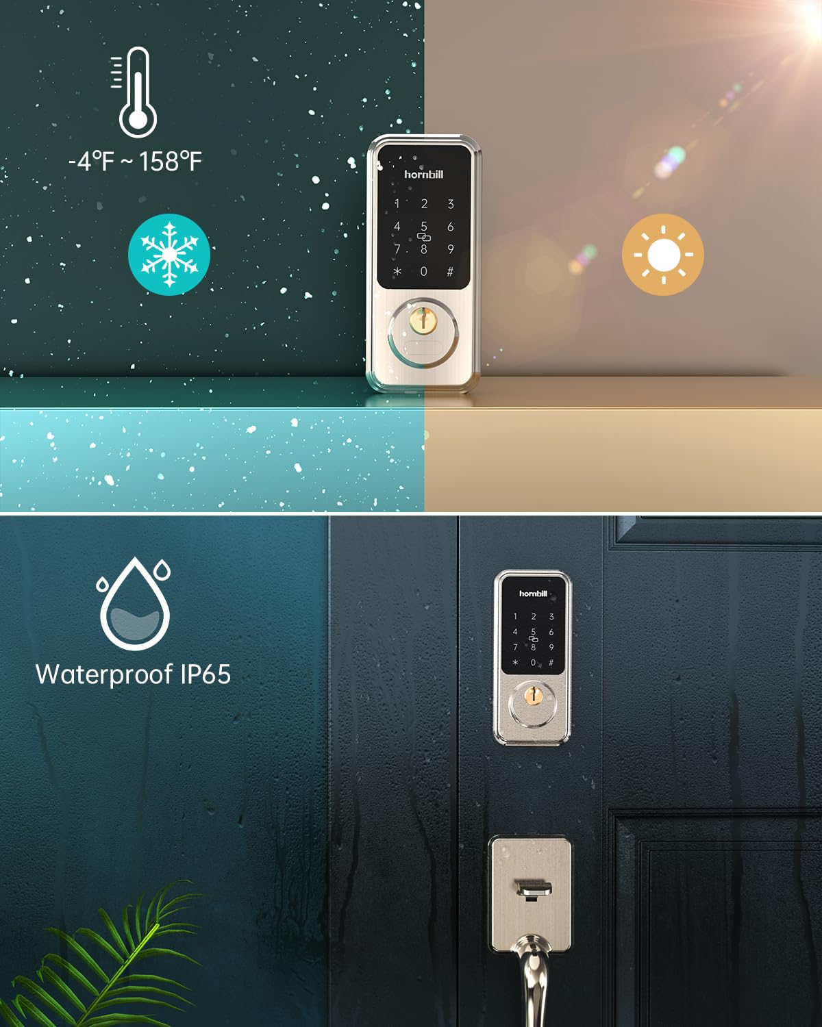 Smart Locks for Front Door, Hornbill Keyless Entry Door Lock Deadbolt with Handle Set, App Control, Touchscreen Keypad, Bluetooth Keyfobs Code Unlock, Satin Nickel