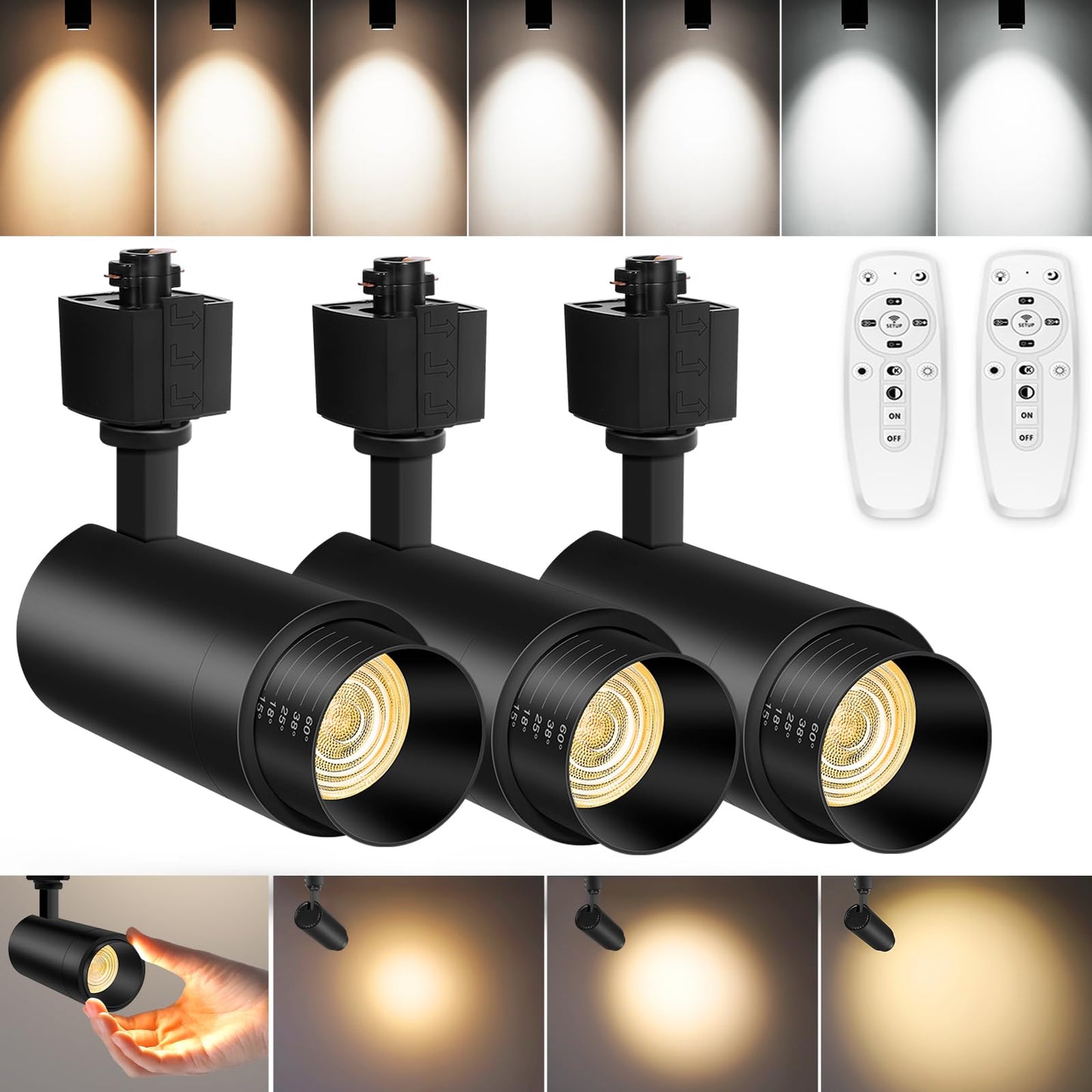 CoziTech 9-Color Zoomable LED Track Lighting Heads 25W, Remote Control, Dimmable, 2200lm, 3 Pack, Black, Model CT-TLH25-