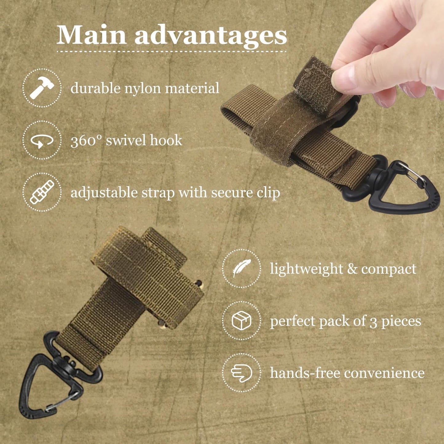 3 Pcs Tan Nylon Tactical Glove Holder Straps with Adjustable Safety Clips for Duty Belts Ideal for Outdoor Work Climbing Rope Storage Hunter Gear Connect Rope Organization 360° Swivel Hook Buckles