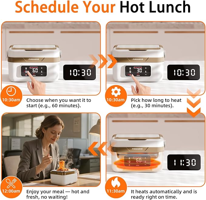 Electric Heated Lunch Box: Cordless 6.3-Cup Portable Food Warmer with 75W Fast Heating & Type-C, Leak Proof Stainless Steel Container for Truck Drivers, Office & Construction Workers, White