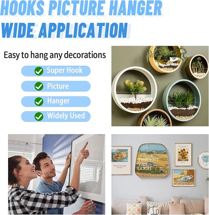 20pcs Black Super Hook Picture Hangers and Office Pack, Drywall Hooks for Hanging Pictures, Wall Hooks, Picture Hangers, Picture Hanging Kit，Hang Art, Clock, Shelves, Mirrors