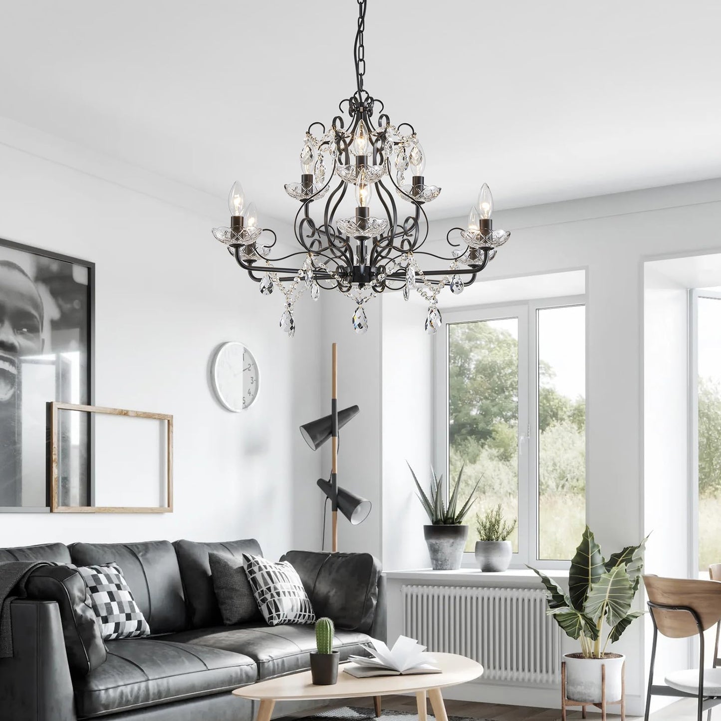 Wuzups 9-Light Crystal Candle Chandelier Pendant Flushmount Ceiling Light Modern Lighting Fixture For Bedroom Hallway Bar Kitchen Bathroom  H 18.1 X W 25.6  Black  E12 Base
