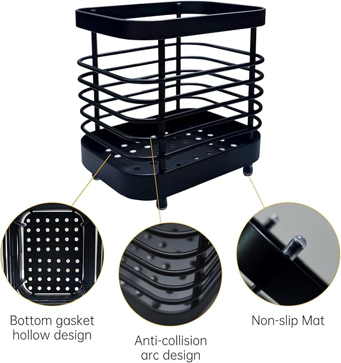 Kitchen Sink Utensil Holder of Drying Rack, Small Stainless Steel Cutlery Drainer Caddy,Spoon and fork organizer (Black)